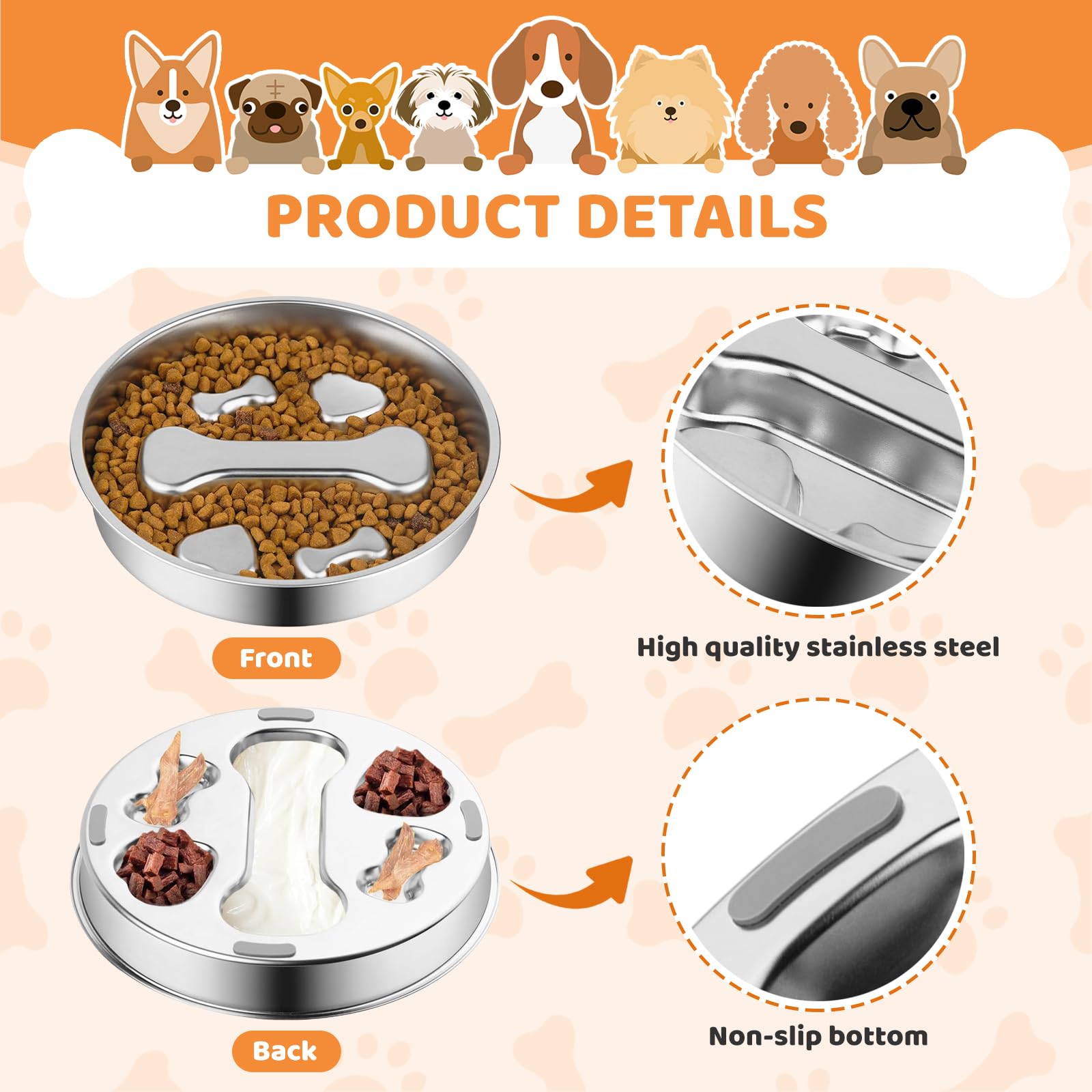 CharmBurst Langsam Fressnapf 2 Cups 304 Stainless Steel Slow Feeder Bowl, Metal Non-Slip Lick Mat, Puppy or Cat Feeding Bowl - Image 3