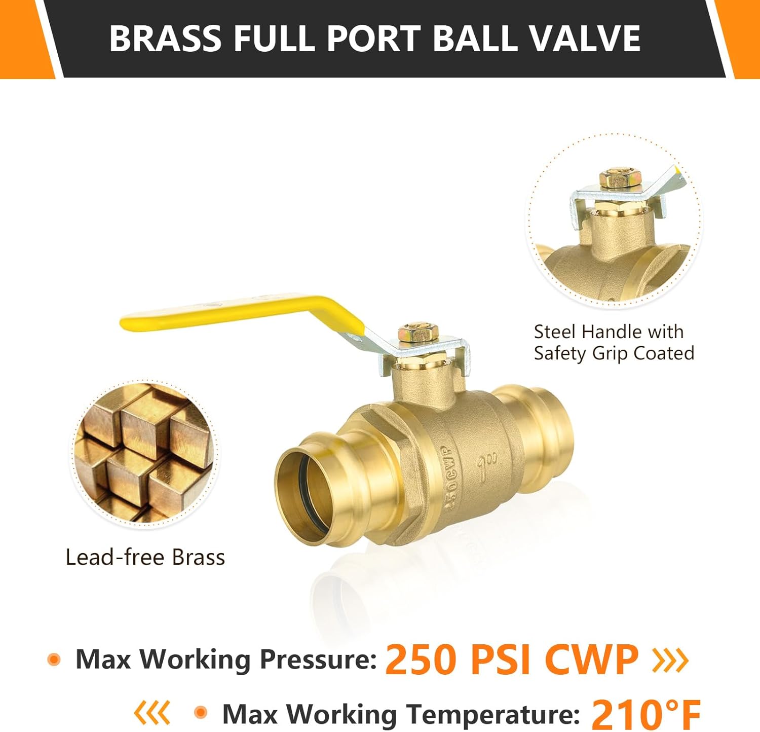 2-Pack HeSun Copper Press Ball Valve, 1" x 1" Copper Press Shut Off Valve, 1/4 Turn Brass Full Port Water Stop with O-Rings(VALVE407-2)