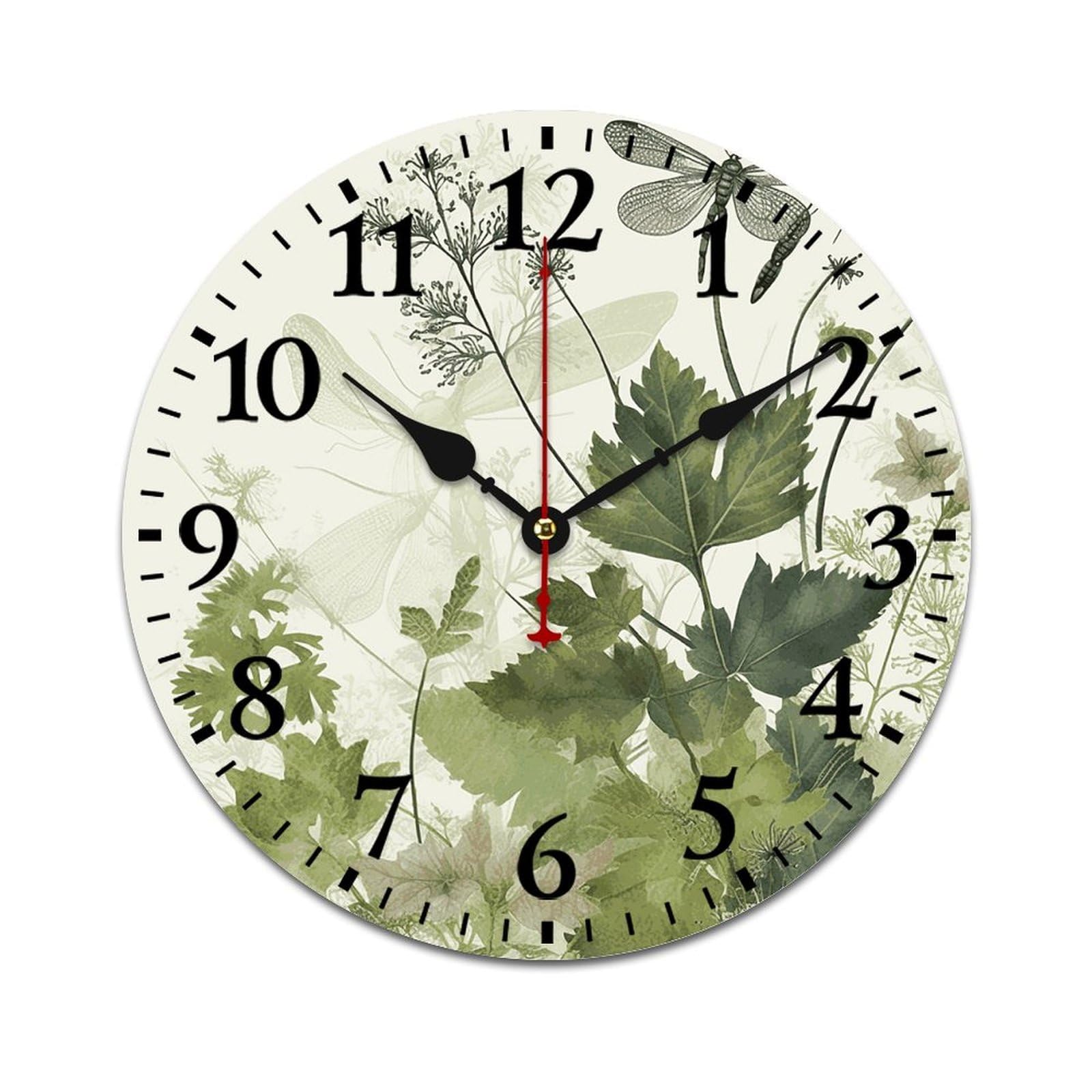 10 Inch Wall Clock Wooden Foliage And Herbs with Dragonflies Winged Battery Operated Wall Clocks Silent Non-Ticking Square Wall Clock for Living Room Kitchen Home Office Wall Decorative Clocks