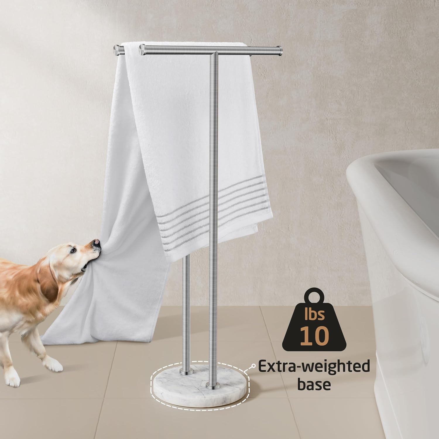 KES Free Standing Towel Rack 3X Thicker Round Marble Base for Bathroom Floor, Double T-Shape Towel Rack Stand with 100% Natural Mable Base, 18/8 Stainless Steel, Brushed Finish, BTH237B-2