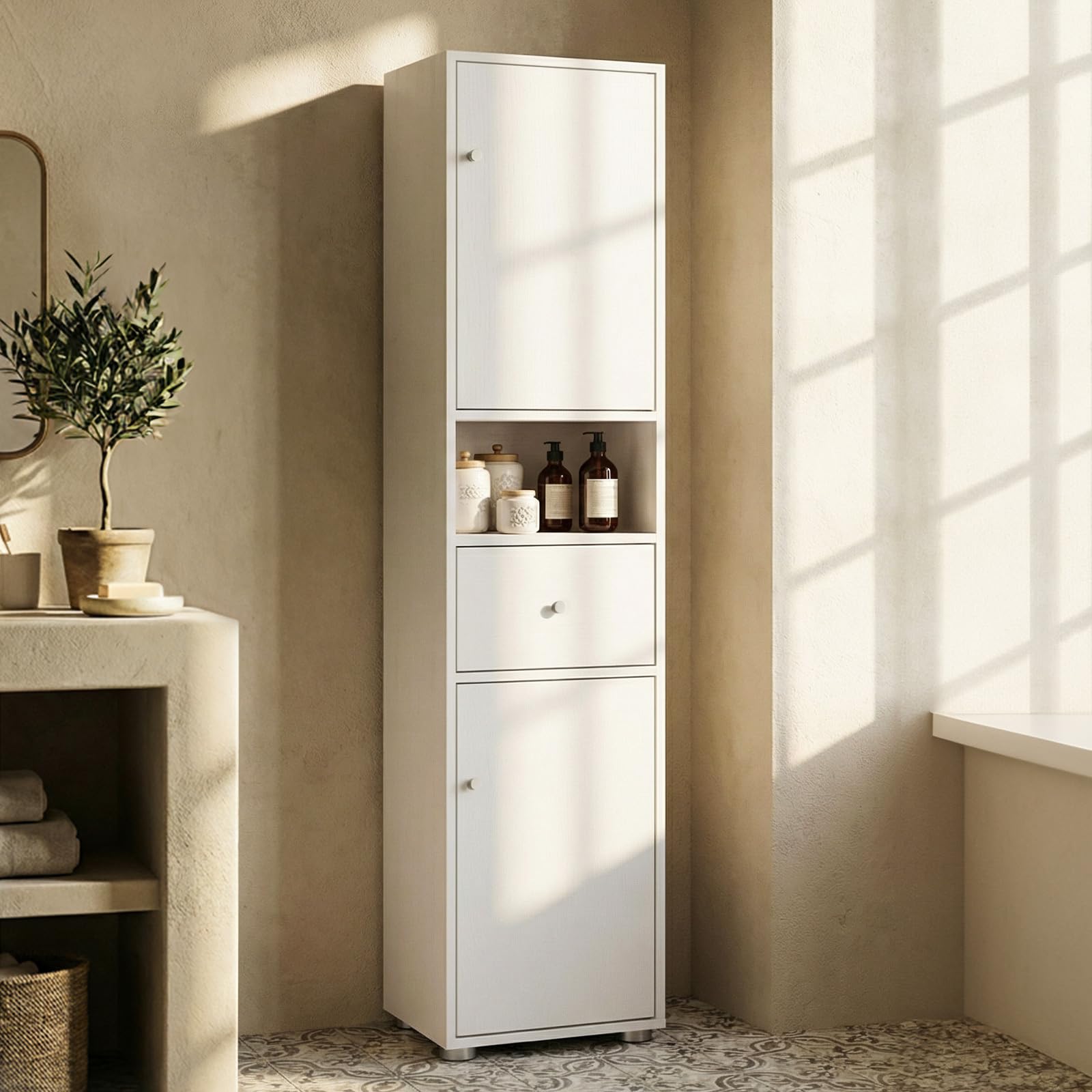 HOKEEPER Armario Estrecho y Alto para Baño, Mueble Baño Independiente con Cajón y Estanterías Ajustables