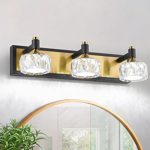 Moderna lámpara de tocador de baño de oro negro con 3 luces regulables LED de cristal para colocar sobre el espejo, elegantes luces de pared de baño