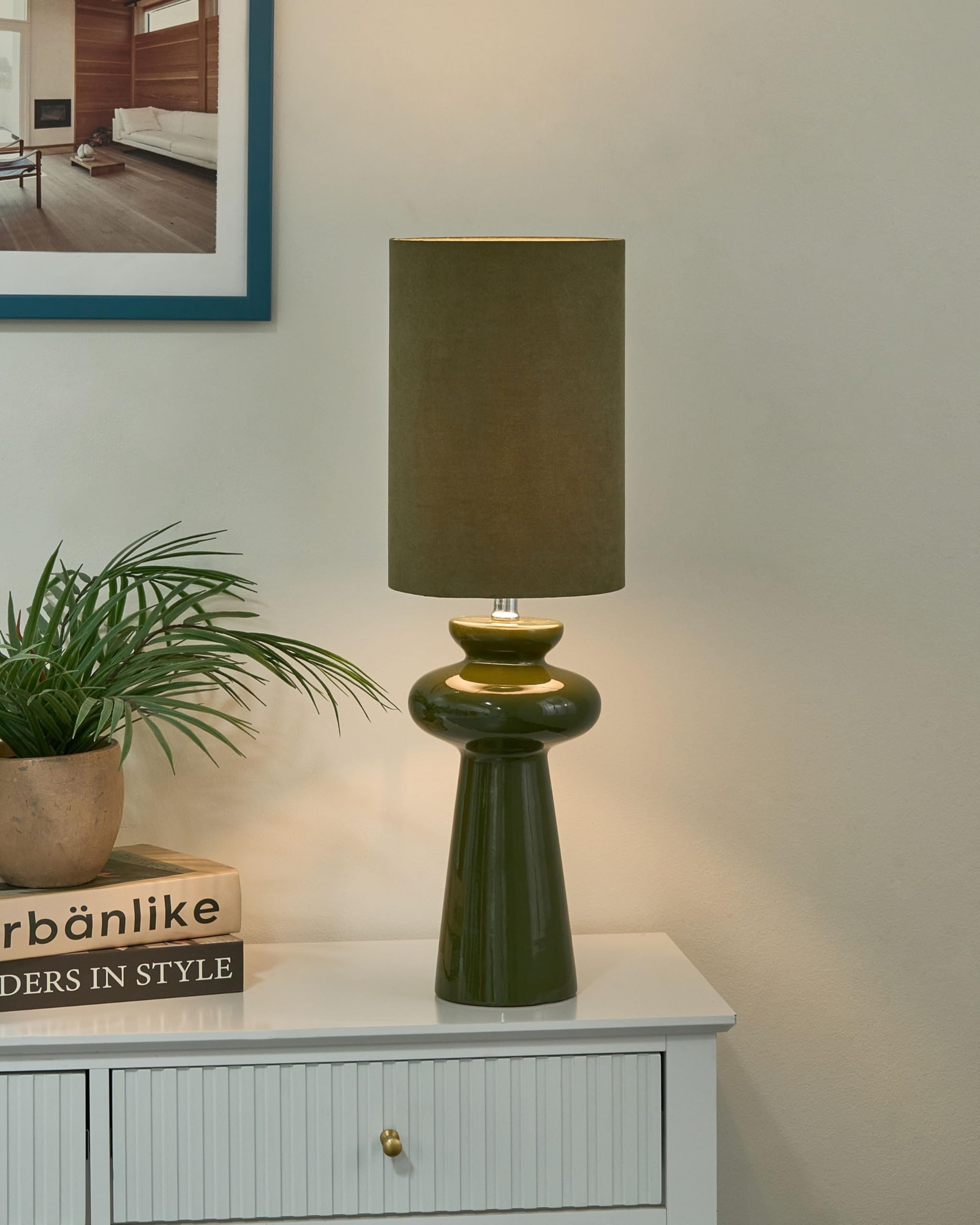 Beliani Tischlampe Keramik Vasenform grün mit Schirm Kunstwildleder Trommelform Oteros