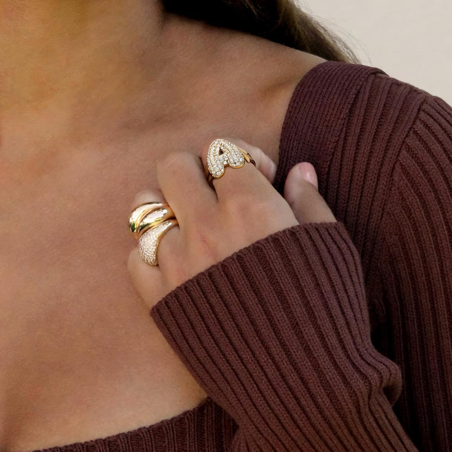 KissYan Bubble Initial Ring Valentines Day Gifts for Women, 14k Gold Plate Balloon Jumbo Letter Rings Open Adjustable Dainty Pave CZ Personalized Fashion Trendy Statement Jewelry - Image 4