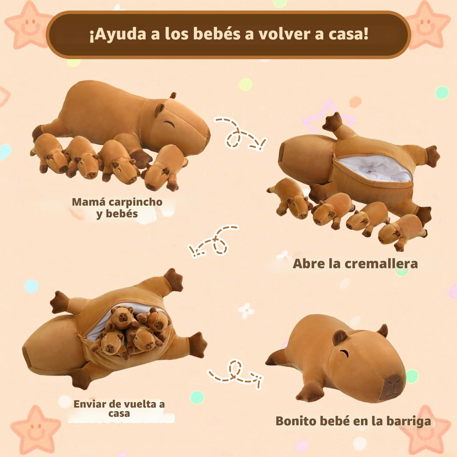SQEQE Capybara de Peluche Animal de Peluche con 4 bebés, Lindos Animales de Peluche de Capybara Almohada de Peluche Suave Regalos de cumpleaños para niñas y niños