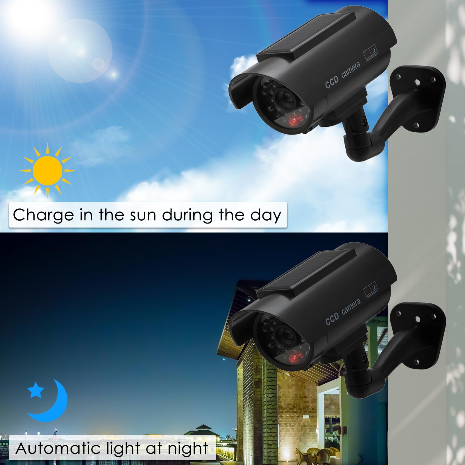 Twilight Garage Lot de 2 caméras de vidéosurveillance factices solaires étanches avec lumière LED rouge clignotante et autocollant d'avertissement de sécurité, utilisation en intérieur et en extérieur