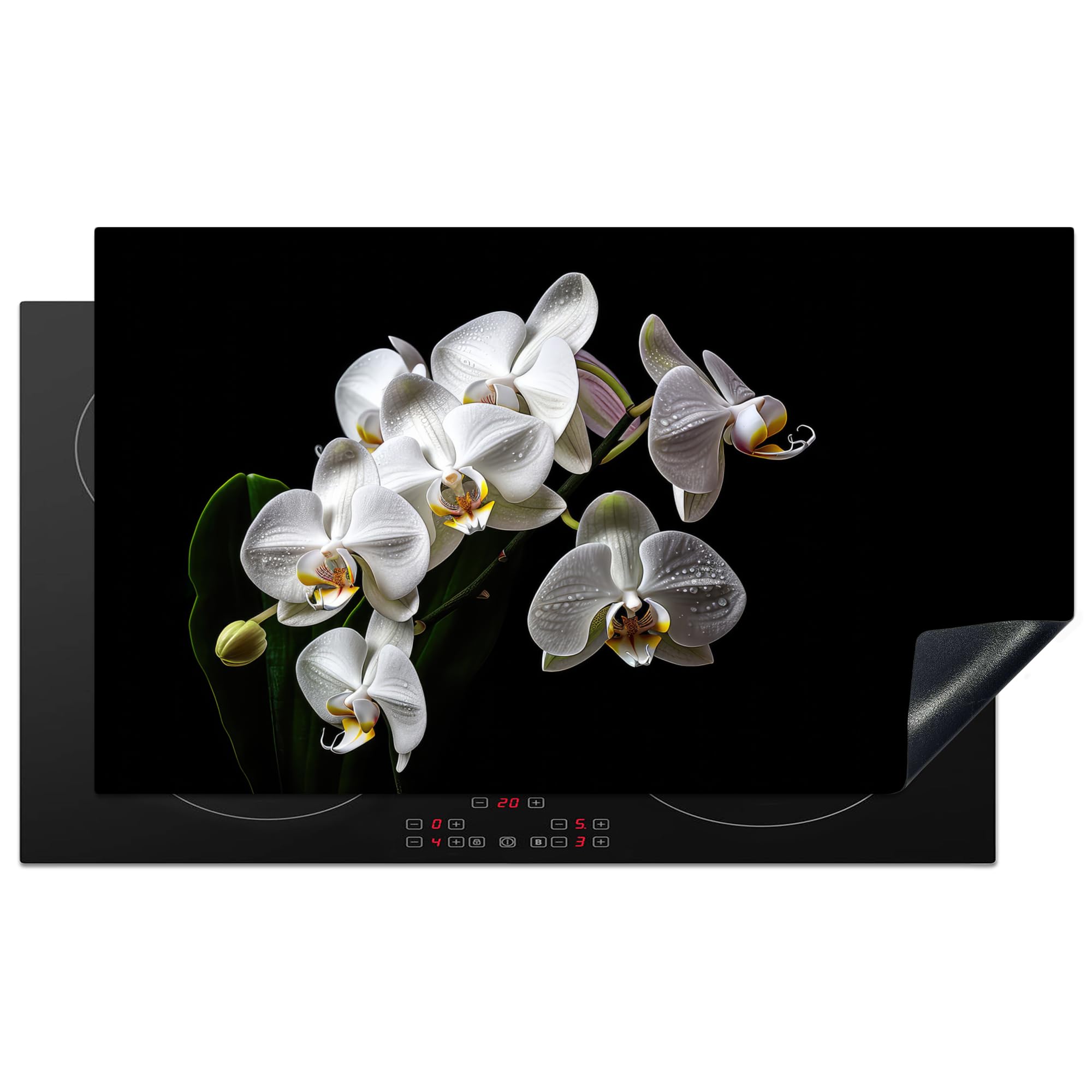 KitchenYeah© Induction Hob Protector Mat 20.5"x35.9" / 91.2x52 cm Cooker Top Protectors Cover Ceramic Covers Electric Hobs Vinyl Orchid - Flowers - White - Nature - Black — image 1