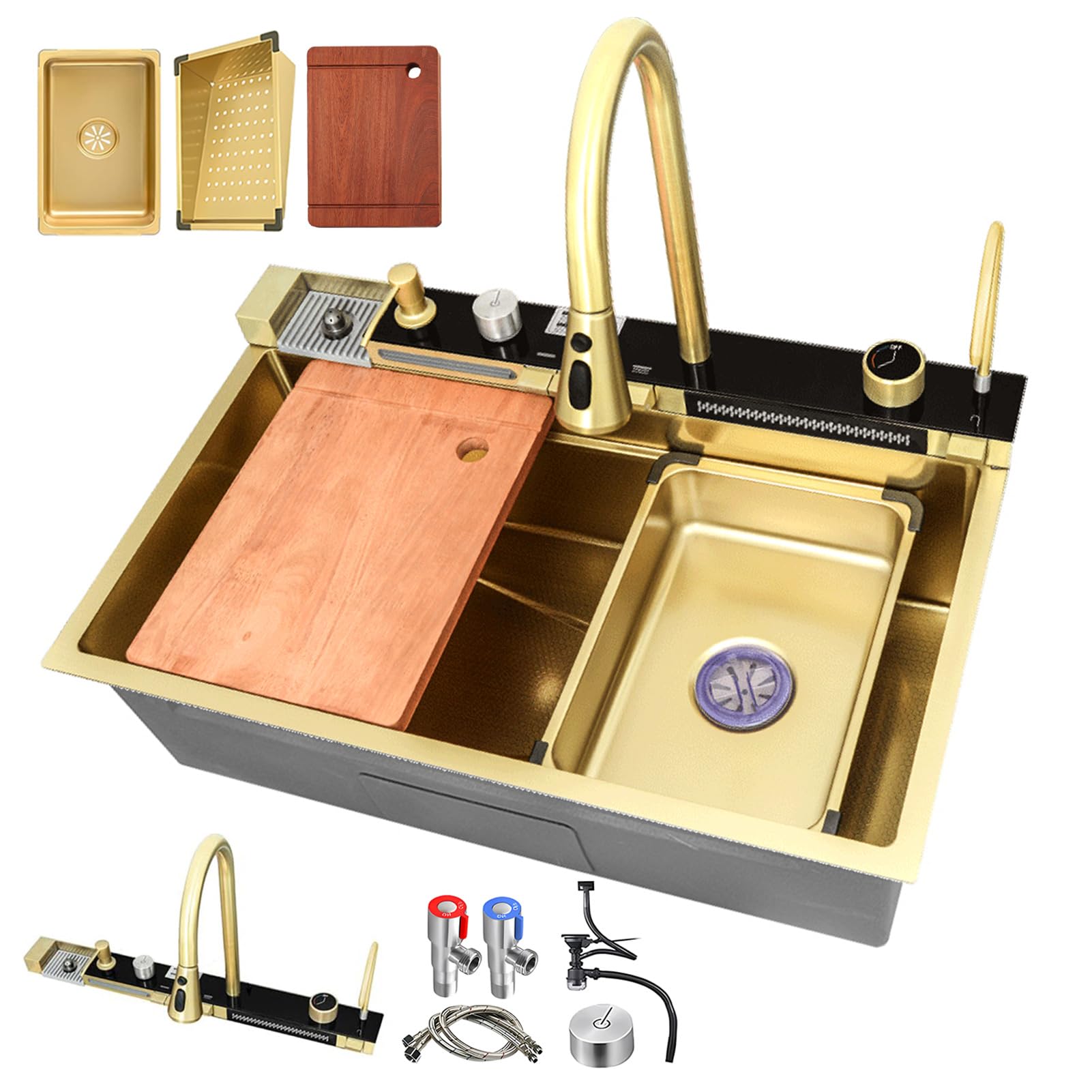 YADZISW Gold Kitchen Sink 80x45 cm with Digital Display - Large Capacity Single Bowl Waterfall Design Workstation Bar Accessory Set for Modern Kitchens
