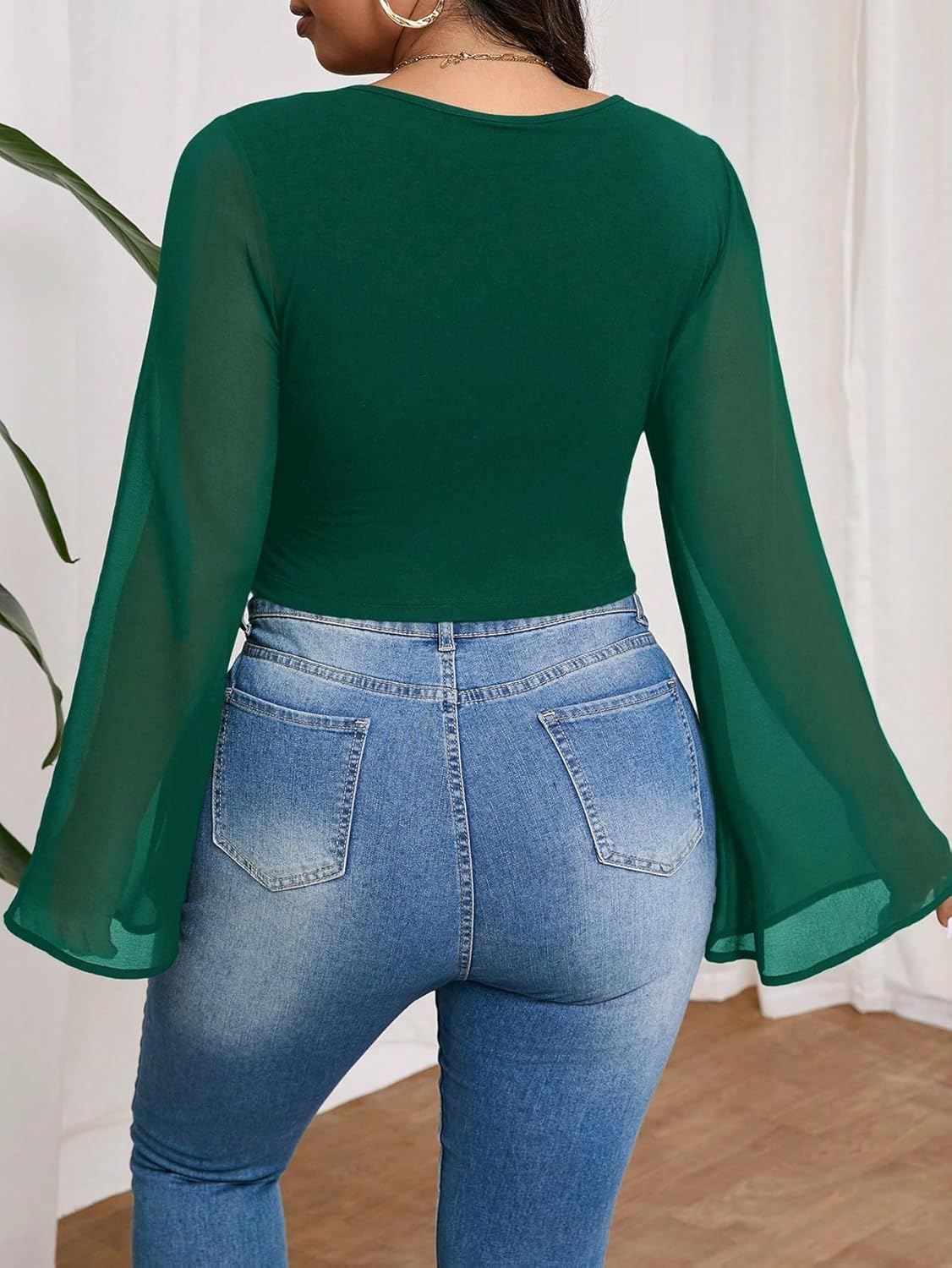 MakeMeChic Women's Plus Size Crop Top Bell Sleeve Tops V Neck Wrap Blouse Party T Shirts - Image 2