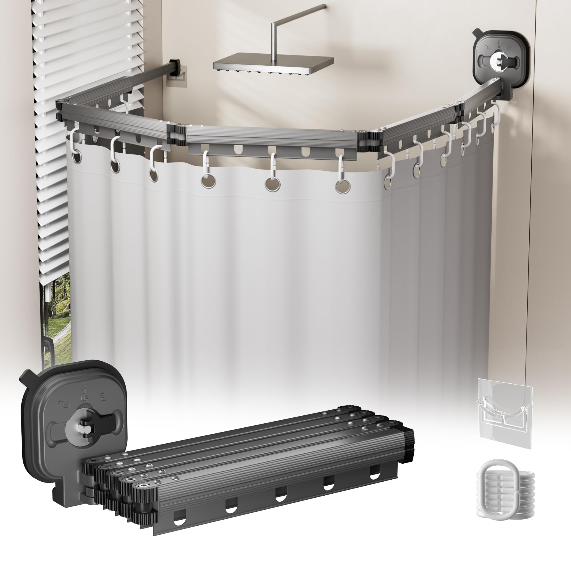 Tenda Da Doccia Pieghevole Senza Foratura con Asta Per Tenda Da Doccia, Ventosa Adesiva Potente Per Bagno con Funzione Angolare Regolabile (Forma L/U), Tenda da Doccia Impermeabile a 5 Pieghe Grigia