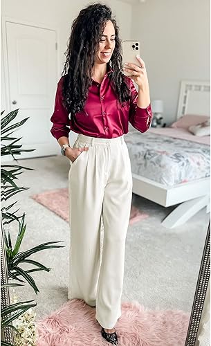 Miniatura 7 de GRAPENT - Pantalones de pierna ancha para mujer, pantalones de vestir holgados de tiro alto para oficina, trabajo, negocios o uso informal