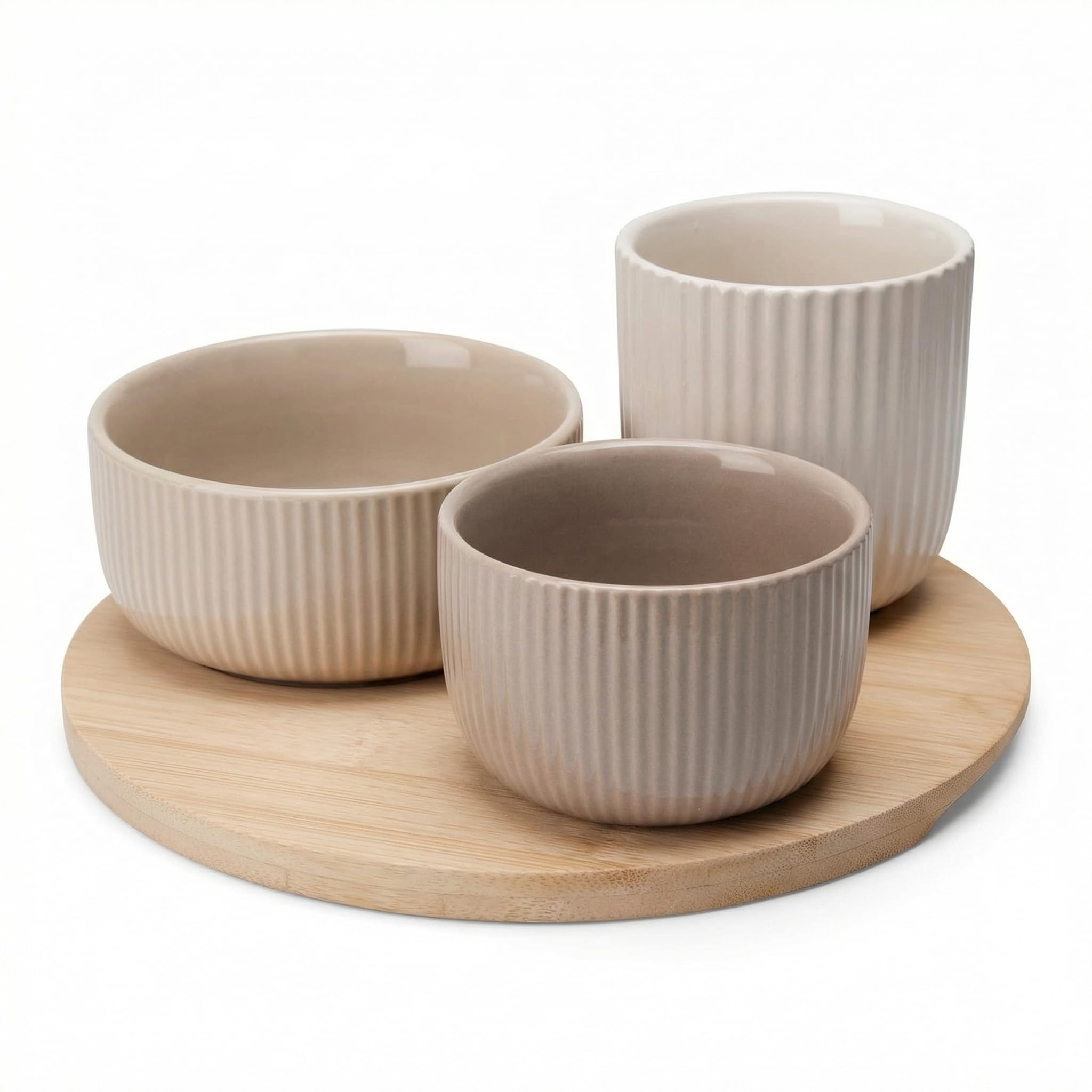 MIJOMA Set di 4 ciotole da portata – tre ciotole in pietra in grigio caldo e beige chiaro – vassoio rotondo in legno con dolce struttura scanalata – per dip, snack e tapas