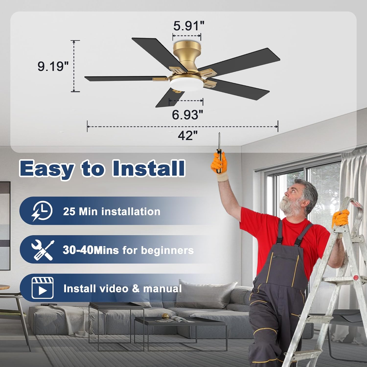 42inch Smart Low Profile Ceiling Fan with Lights Remote,Quite DC Motor,WiFi Voice Control via Alexa,Outdoor Indoor Modern Flush Mount Ceiling Fans,for Small Bedroom Patio Porch,Glod and White Black