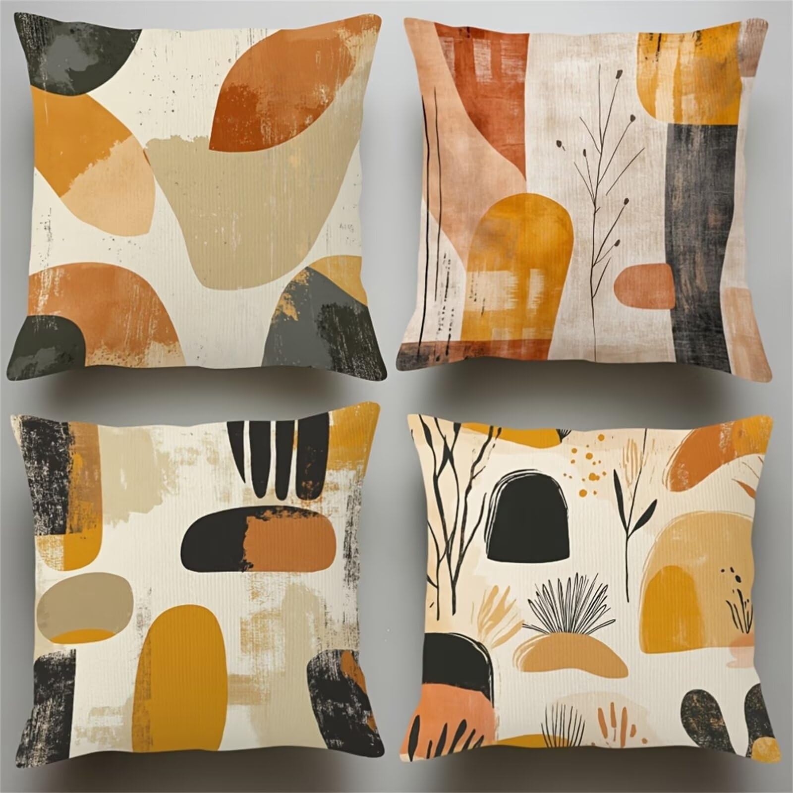 Housse de Coussin Exterieur Impermeable 55x55 cm Lot de 4 Taie d'oreiller Canapé Décoratif Noir Jaune Housse Coussin Salon de Jardin Exterieur pour Chambre Sofa Jardin Balcon Terrasse