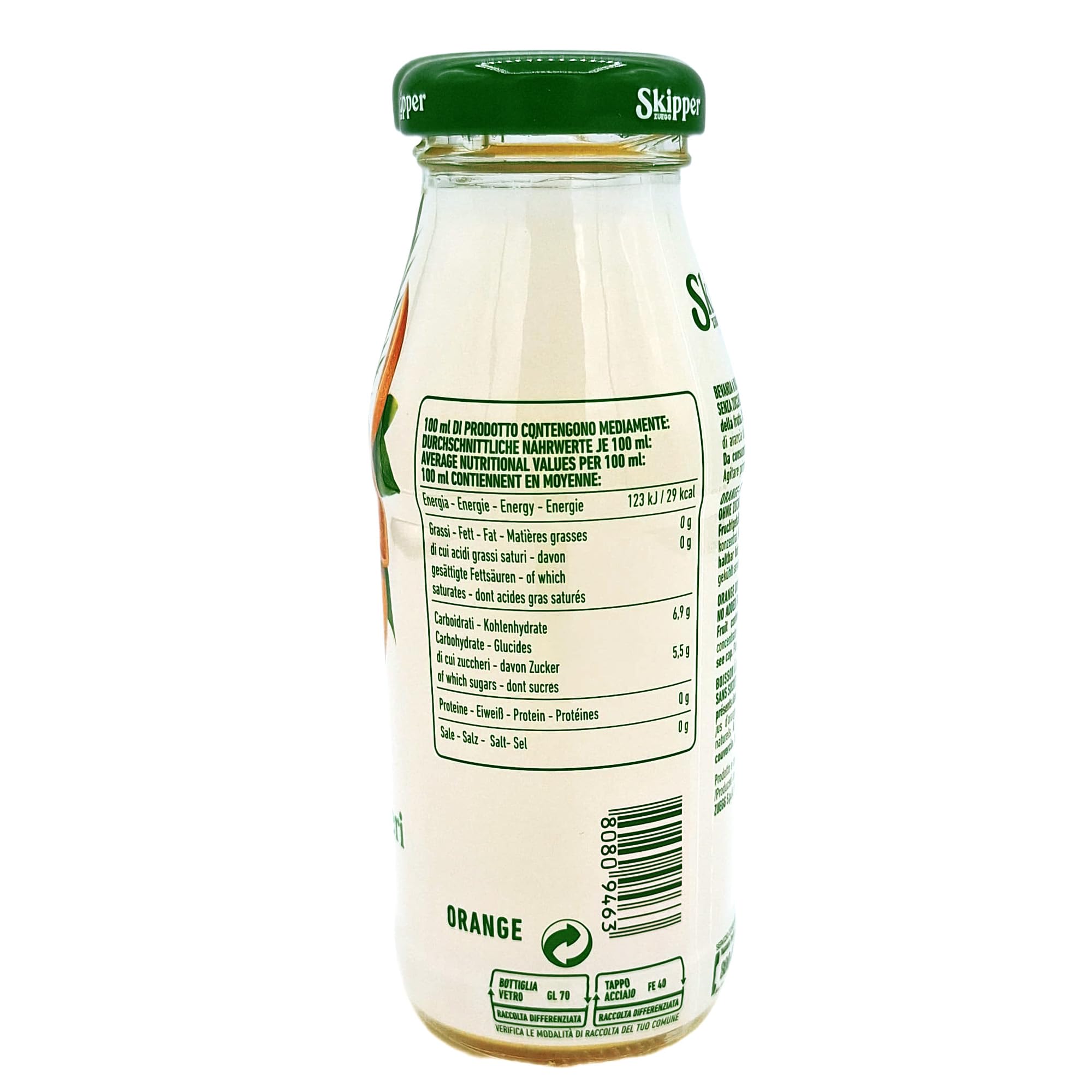 Zuegg Skipper Bar Zumo de Frutas Sabor Naranja Sin Azúcar Añadido, Bar Line en Botella de Vidrio - Bebida Puré de Naranja, Ingredientes 100% de Origen Natural (200ml x 24 Piezas)