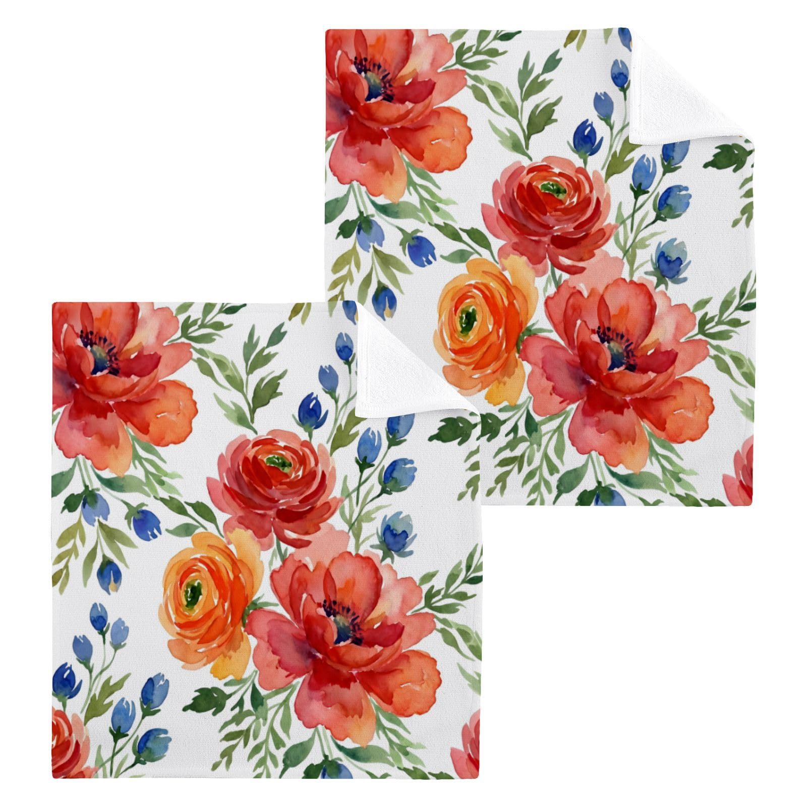 BOESI Orange Ranunculus Watercolor 12x12in Cotton Washcloth,Face Towel