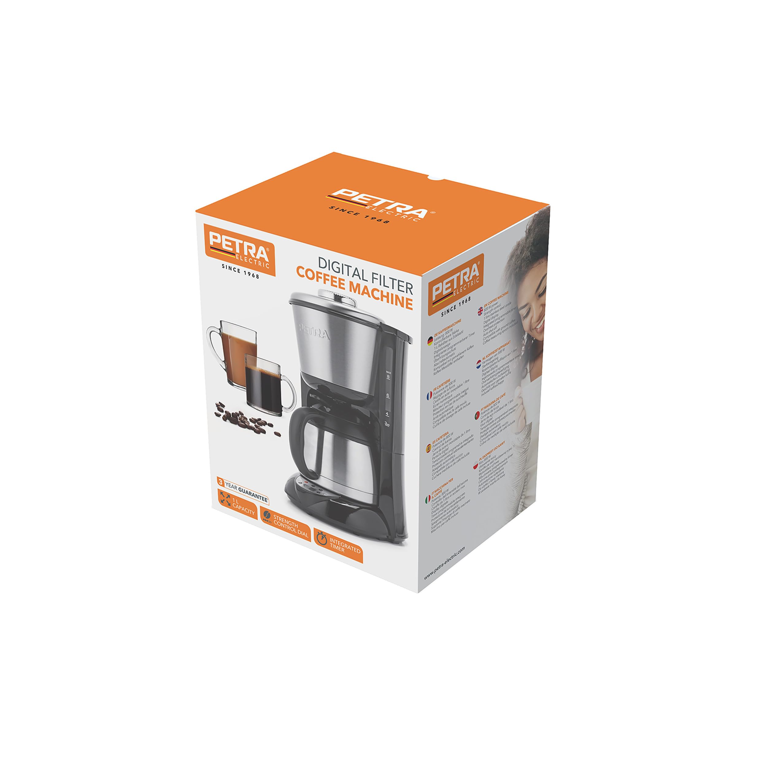 Petra Macchina da Caffe Filtro – 1L Macchina per Caffe Americano, Caraffa in Acciaio Inox, Display Digitale, Controllo della Forza del Caffe Compatibile con Caffè Macinato, 800W, PT6162VDE