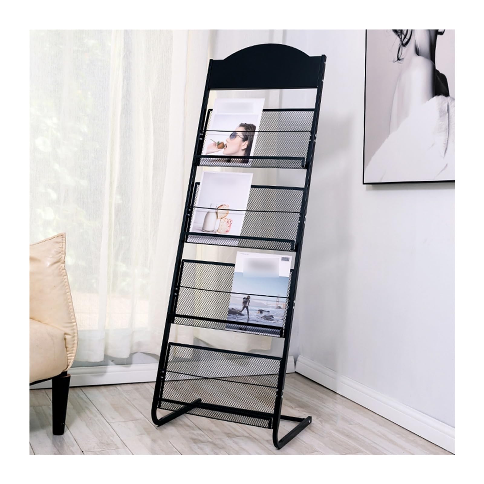 SWENEEN Floor Magazine With Tiers Exhibitions Offices Display For Newspaper Catalogs 63X38X125Cm,Black 48X38X14,