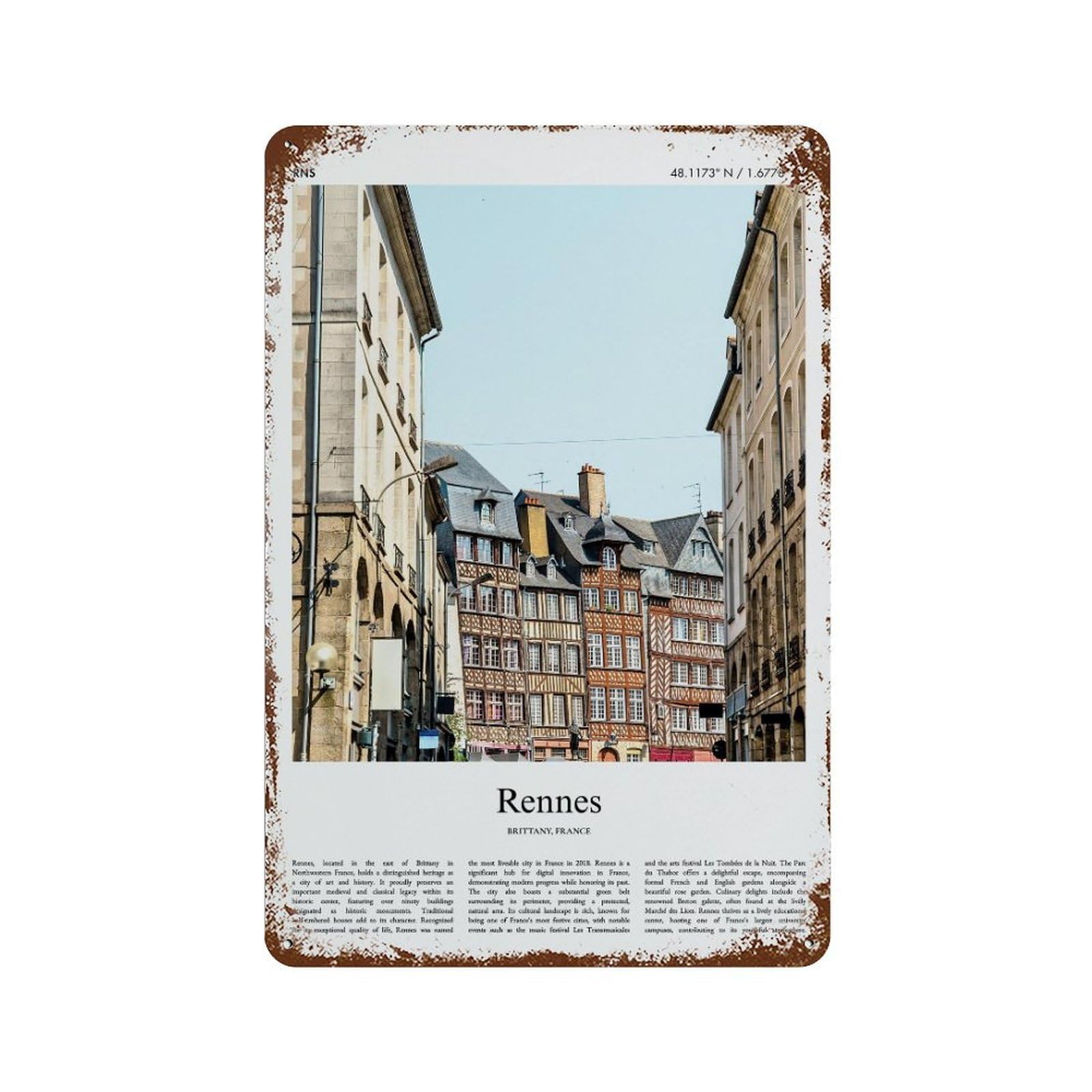xiaoxiaoshen Rennes Brittany, France City Scenery Wall Decor Art Metal Tin Poster Modern Home Decor Art Home Bar Shop Decorations Vintage Sign 30x20cm