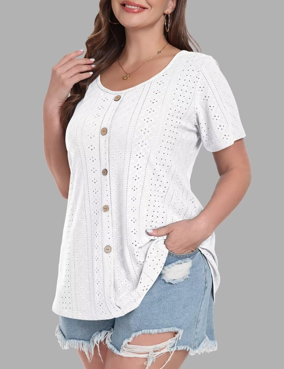MONNURO Womens Plus Size Tops Summer Eyelet Short Sleeve Tunic Shirts Button Decor Loose Casual Blouses for Leggings(White,3X) - Image 3