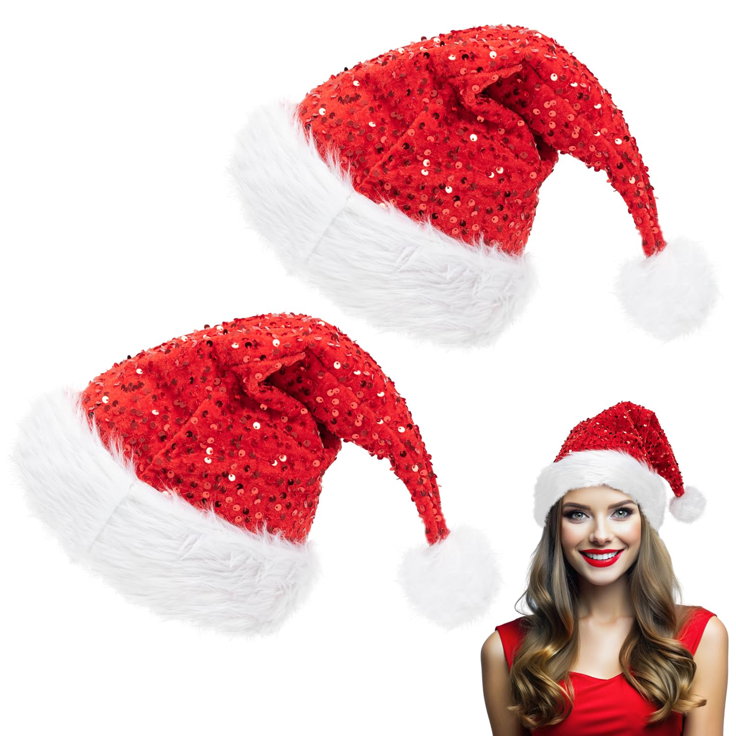 Kunoli 2PCS Sequin Santa Hat, Santa Hats for Adults, Plush Christmas Hat, Xmas Hats Adult for Women Men, Santa Claus Hats for Christmas Party Fancy Dress