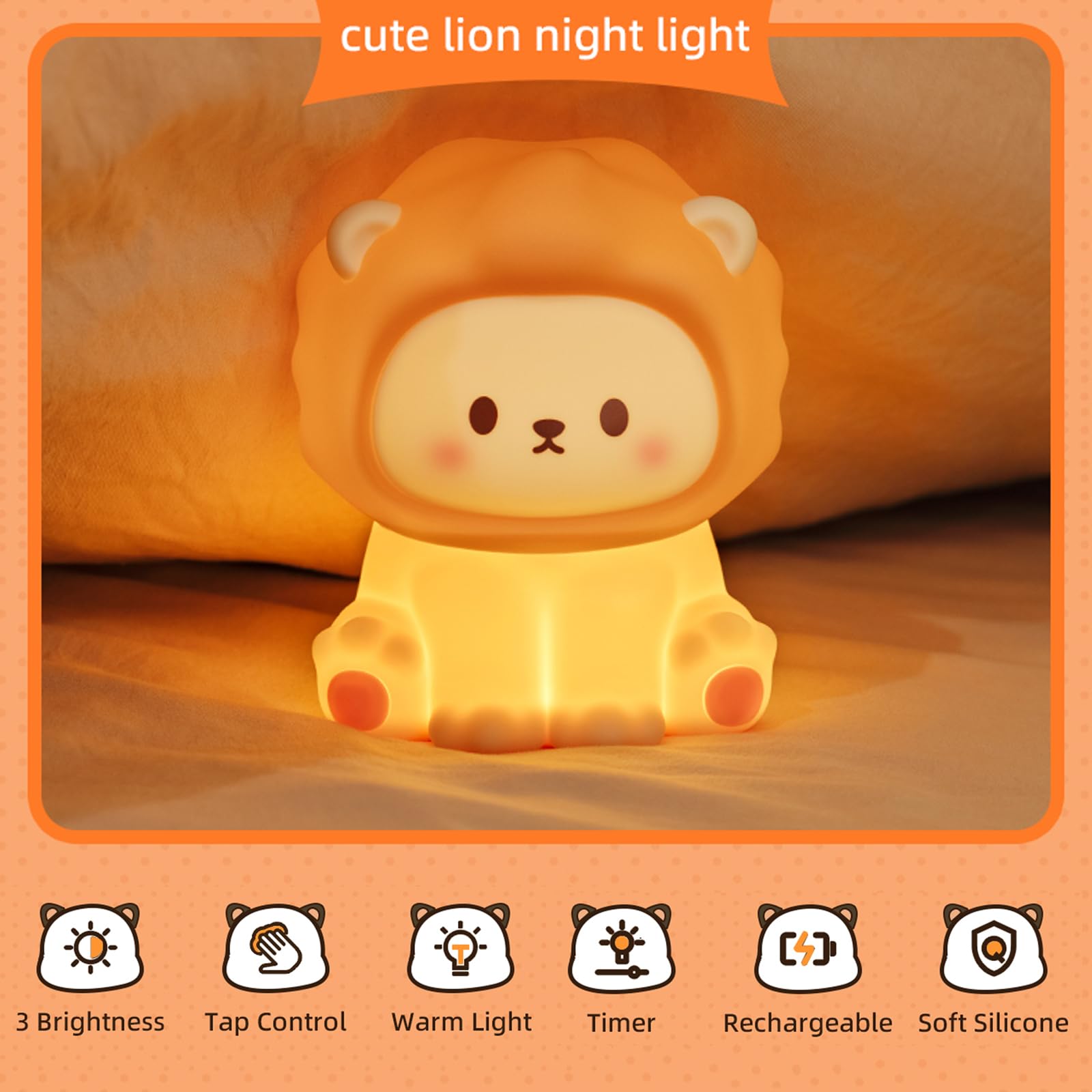 Niedliche Löwen-Cartoon-Kinderzimmer-Nachtlichter, große Katzen-Design, sicheres Silikon, weiche LED-Kinderzimmerlampe für Kleinkinderzimmer-Dekoration
