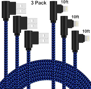 90 Degree Lightning Cable 10ft Right Angle iPhone Charging Cable 10 Feet 3 Pack Nylon Braided Charger Cord Compatible with iPhone Xs/XR/8/8 Plus/7/7 Plus/6/6 Plus (Blue Black, 10 Feet)