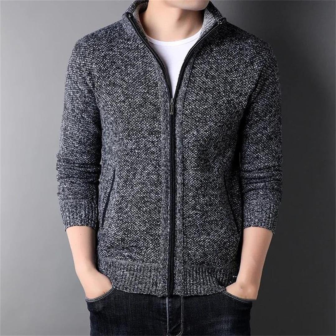 Men's High Collar Fleece-Lined Knitted Top Autumn Winter Warm Casual Long Sleeve Fashion Jacket