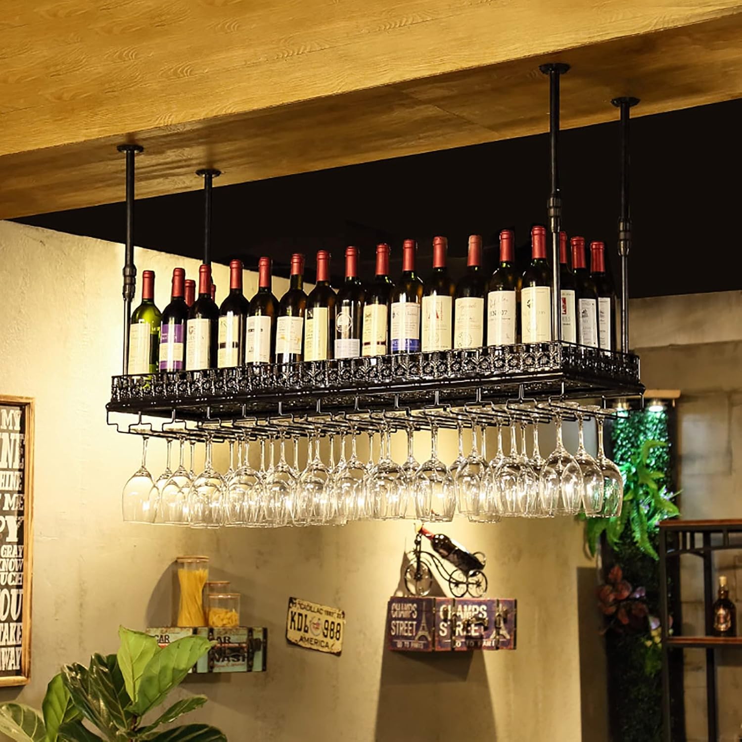 Ceiling Wine Glass Rack Industrial Vintage Wine Glass Holder,Adjustable Height,Wrought Iron Wine Rack,Hanging Wine Glass Shelf,Storage Rack,for Bar Kitchen Restaurant