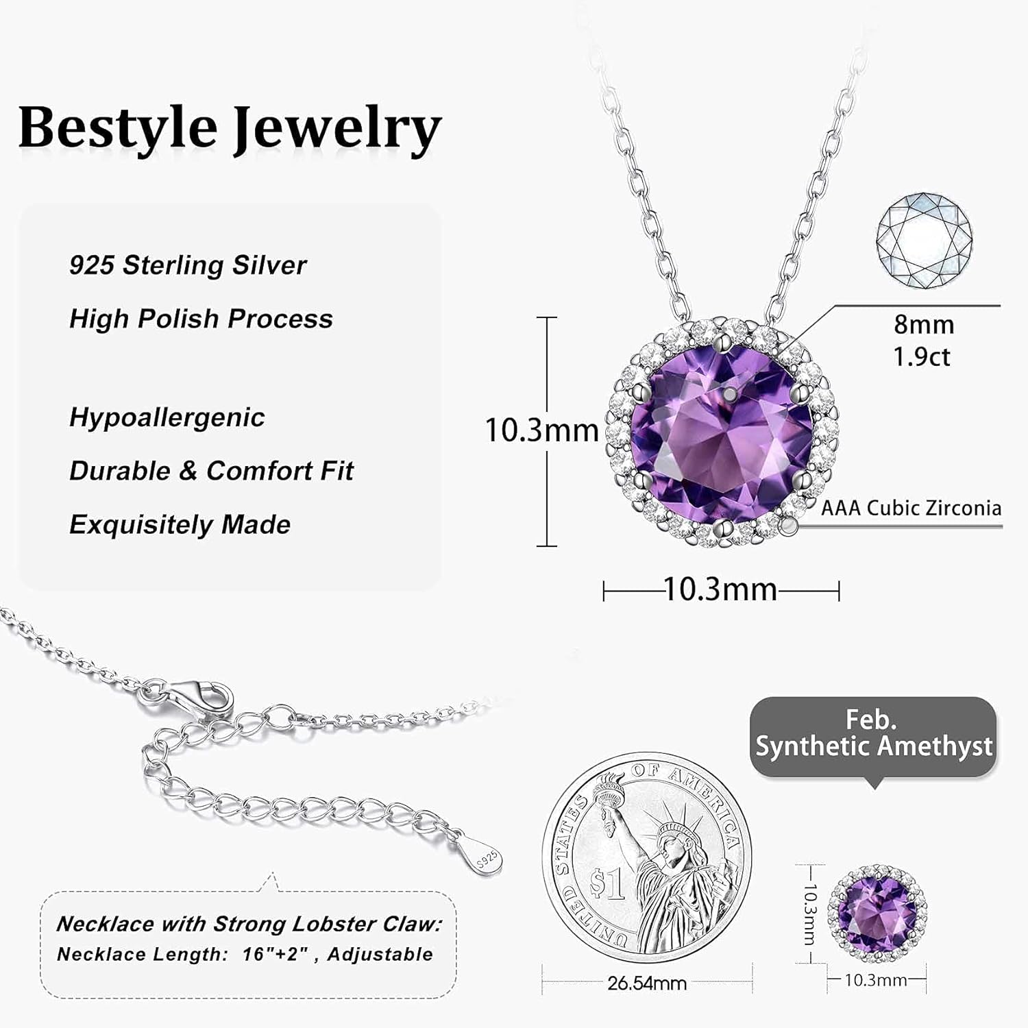 Bestyle Sparkling 925 Sterling Silver Birthstone Necklaces for Women, Created Heart/Round/Teardrop/Square Crystal Solitaire Pendant Diamond Necklace, Great Birthday/Anniversary/Wedding Gifts - Image 6