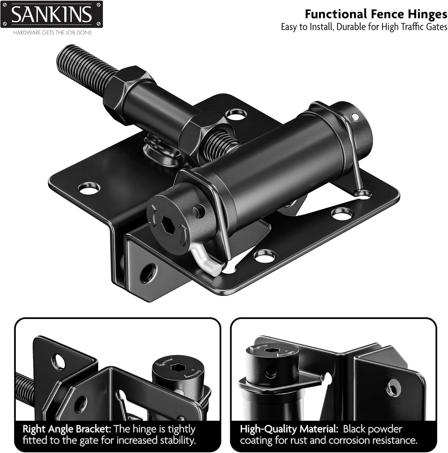 Heavy-Duty Self-Closing Gate Hinges, 90-Degree Adjustable Heavy-Duty Gate Hinges for Metal/PVC/Vinyl/Wood Fences, Narrow Fence Gate Hardware Door Hinges with Adjustable Tension, 2-Pack