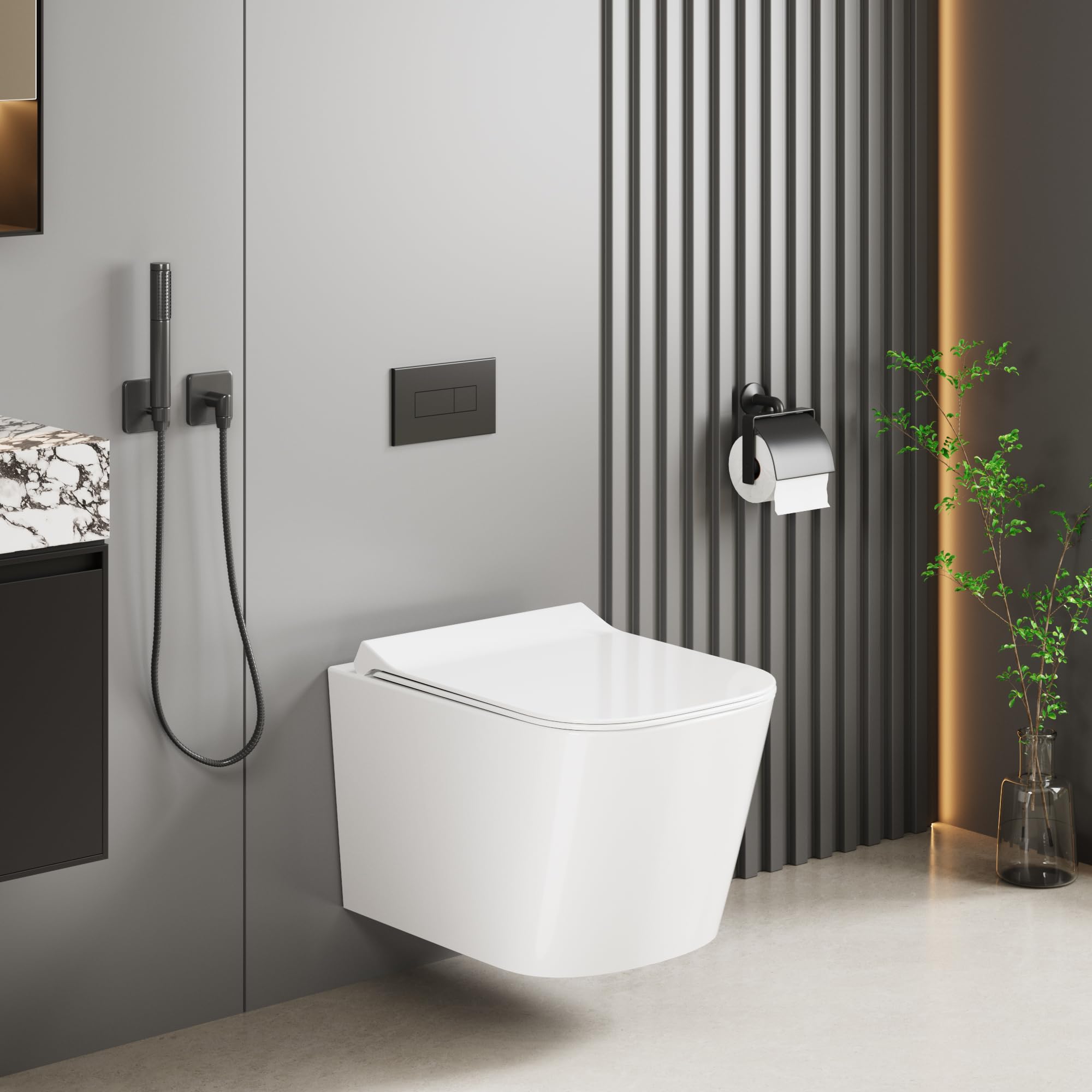 WC sospeso commerciale senza brida in ceramica – Scarico silenzioso ed efficiente – Sedile D-Shape 51 cm con chiusura rallentata e coprivaso rimovibile – Bianco
