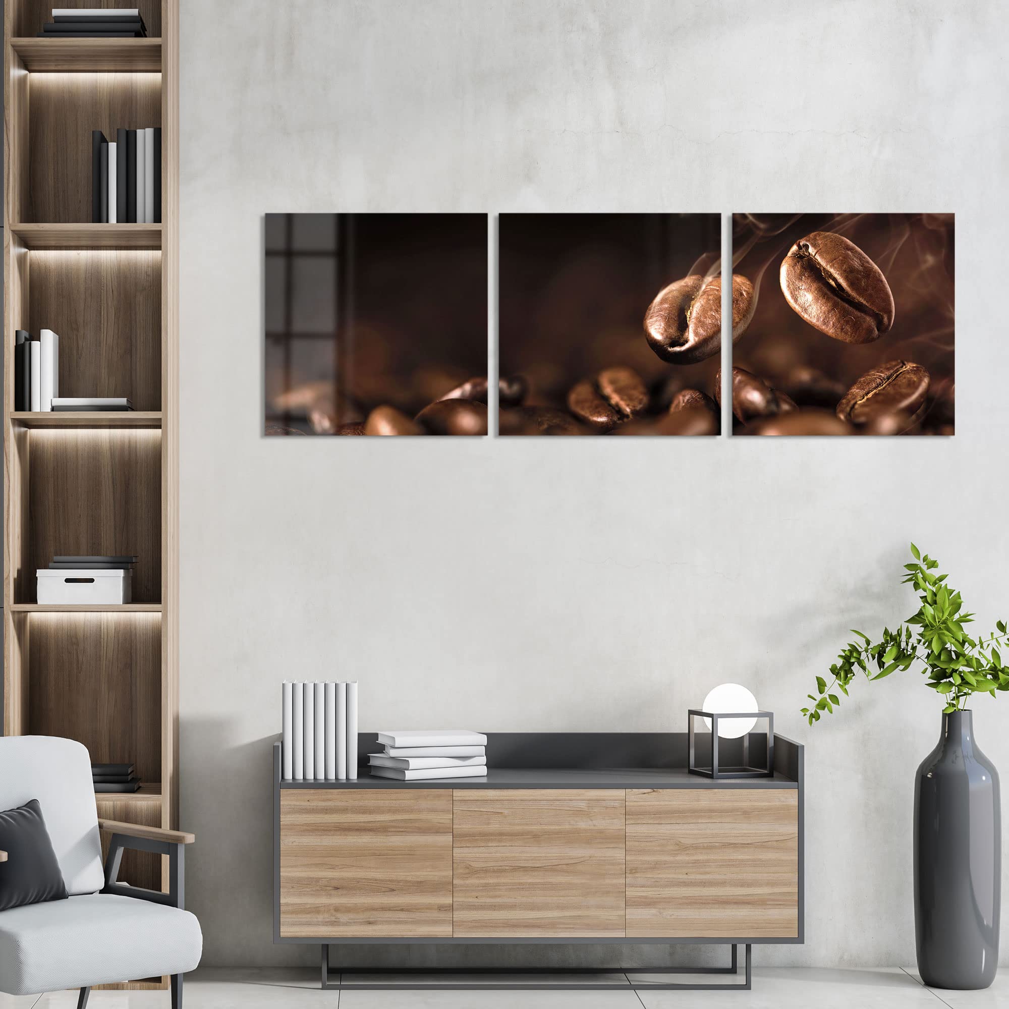 DEQORI Obrazy na szkle z prawdziwego szkła, motyw pachnących ziaren kawy, poziome, 3-częściowe, 150 x 50 cm, duża dekoracja XXL, obrazy ścienne do salonu, sypialni, przedpokoju i kuchni, nowoczesna dekoracja ścienna