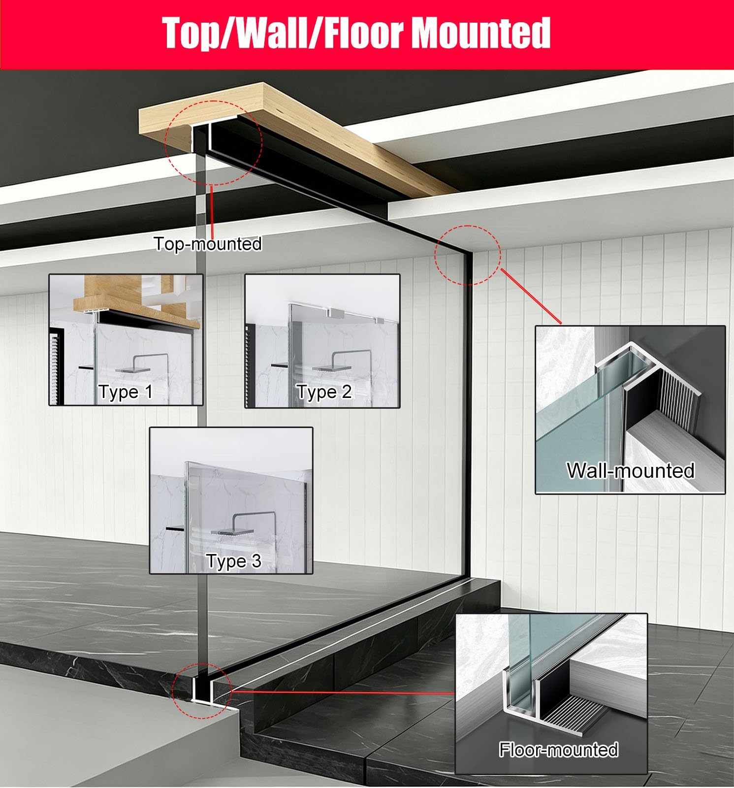 Panel de pared fijo para ducha sin marco, diseño de ranura profunda fácil de limpiar para partición doméstica y comercial, longitud cortable para vidrio de 3/8 pulgadas