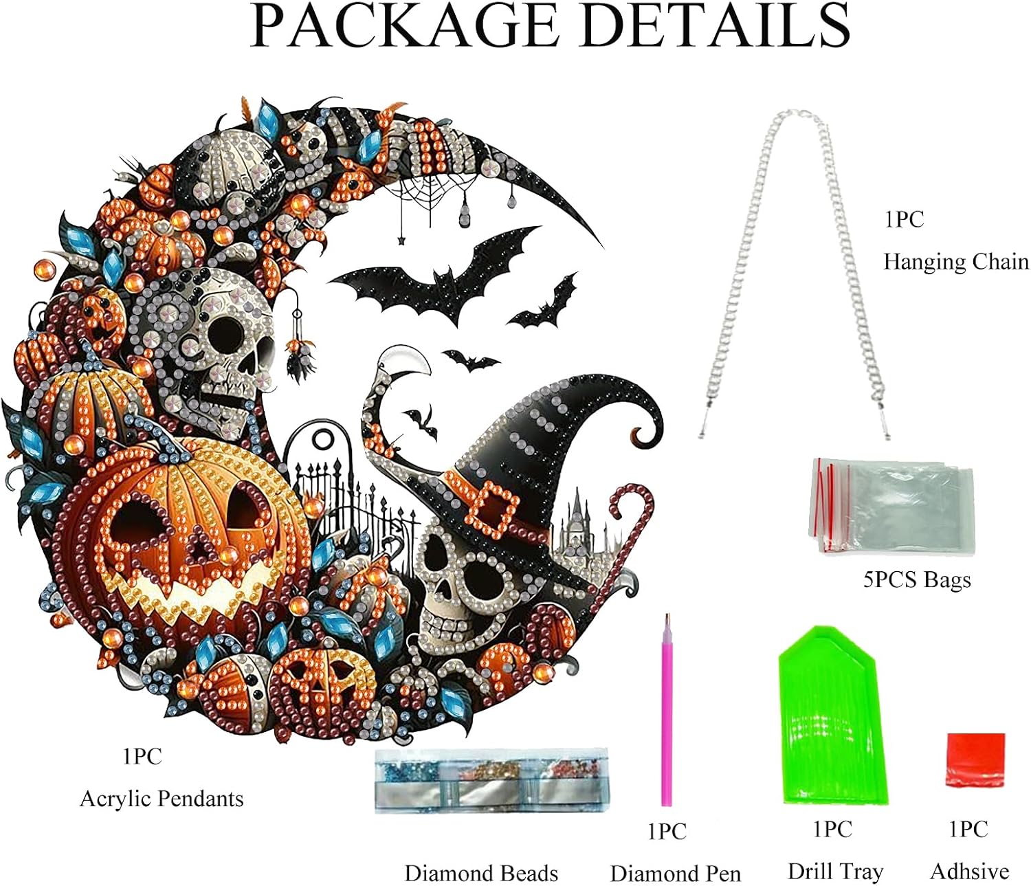Halloween Hanging Diamond Art Kits for Adults, DIY Horror Special Shaped Rhinestone Gem Craft Painting Ornament, Moon Skull Pumpkin Bats Witch Acrylic Diamond Hanging Pendant Kits for Home Decor