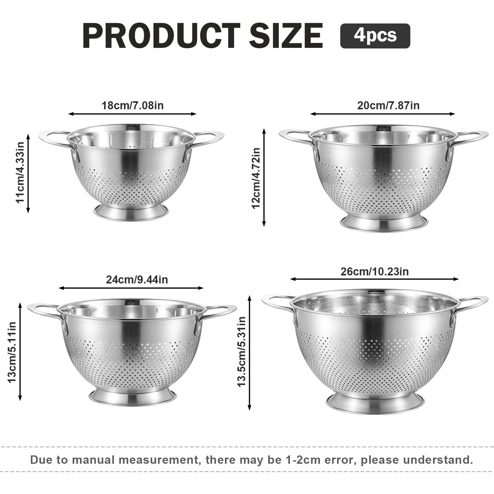 Colador, colador, colador, juego de 3 unidades con mango y base redonda, apilable, apto para lavavajillas, práctico colador de alimentos para pasta, frutas, arroz y verduras frescas (18+20+24+26)