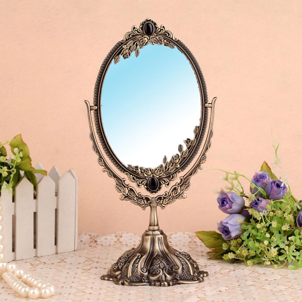 PACKOVE Retro Metall Kosmetikspiegel Doppelseitig mit Hoher Auflösung und Verblassendem Glas Eleganter Schminktisch Spiegel für Zuhause und Rasur