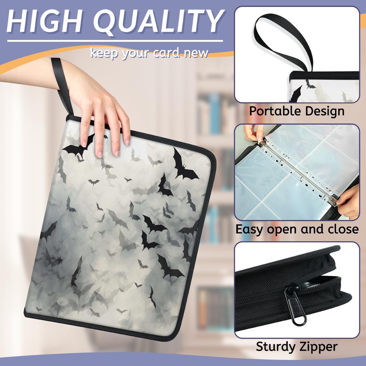 Raccoglitore per carte collezionabili con 4 tasche, motivo pipistrelli di Halloween, con maniche rimovibili, impermeabile, con cerniera, 50 pagine, capacità 400 carte