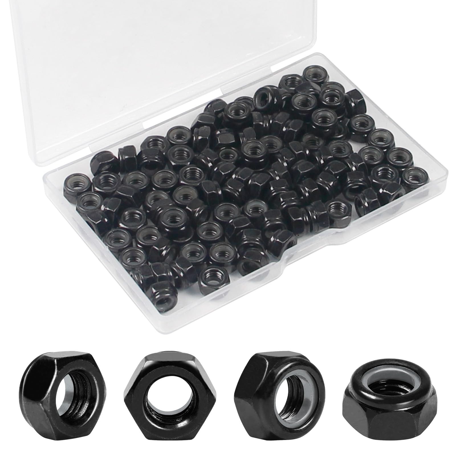 Yinpecly 100Pcs M5 x 0.8mm Nylon Insert Hex Lock Nuts Carbon Steel Zinc Plated Locknuts Self-Locking Nut M5 Metric Black Standard Threaded Nylock Nuts