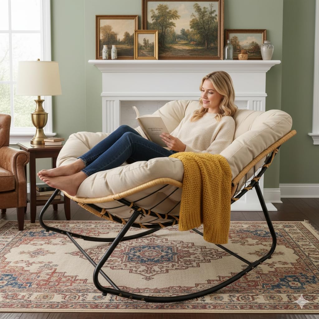 Rocking Chair, Oversized Egg & Papasan Chair for Patio and Indoor Use, Rattan Style Lounge Rocker with Cushion, 450 lbs Capacity, for Porch, Garden, Living Room, Beige