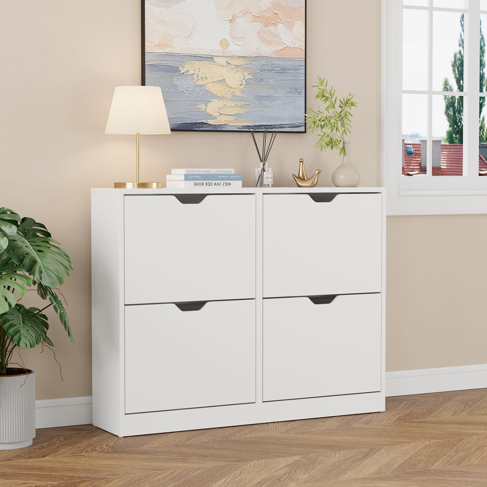 VOWNER Scarpiera Slim, Scarpiera Portascarpe in Legno, Regolabili, con 4 Ante a Ribalta e Doppia Profondita, Ingresso, 80x102x24 cm (LxAxP), Bianco