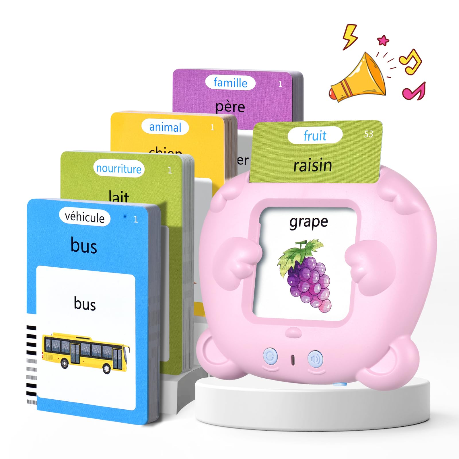 Mówiące karty flash Montessori edukacyjne dla dzieci w wieku 3 lat Rozmowa Flash Cards 112 arkuszy 224 słowa, zabawki edukacyjne do nauki mówienia, francuski/angielski/dwujęzyczny (różowy)