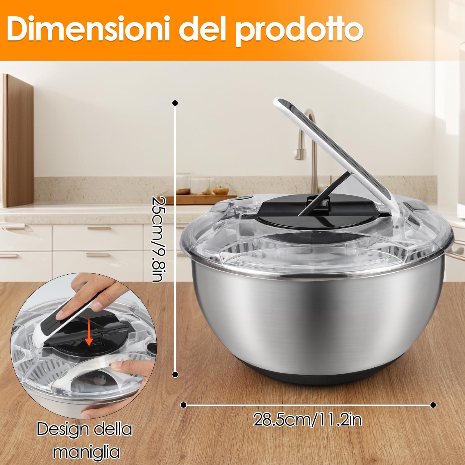 Centrifuga Insalata in Acciaio Inox, 4,5L Asciuga Insalata Centrifuga con Coperchio E Base Antiscivolo, Lava Insalata Centrifuga Ideale per Lavare E Asciugare Verdure E Pasta