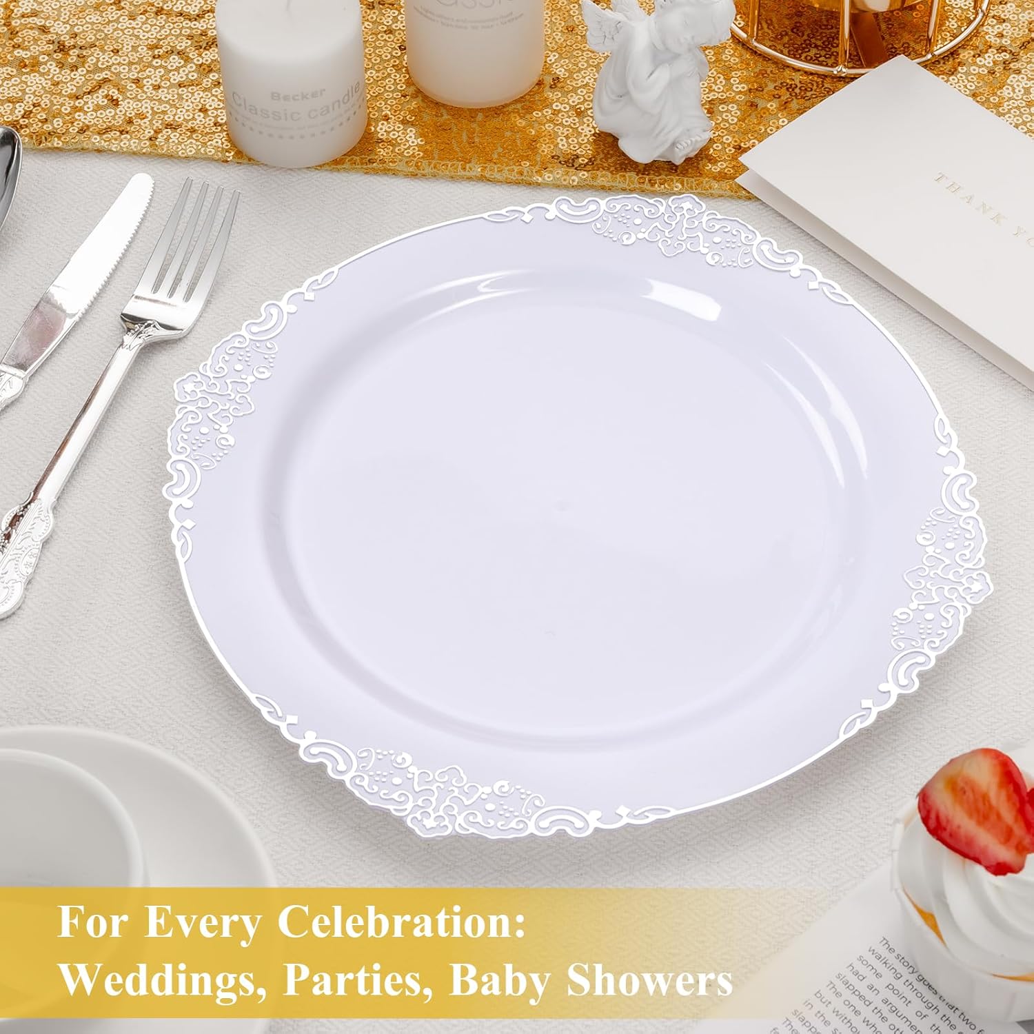 Goodluck 100PCS White and Silver Plastic Plates – 10.25” Heavy Duty Disposable Dinner Plates & Party Plates for Weddings, Parties, Events – Elegant, Sturdy - Image 7