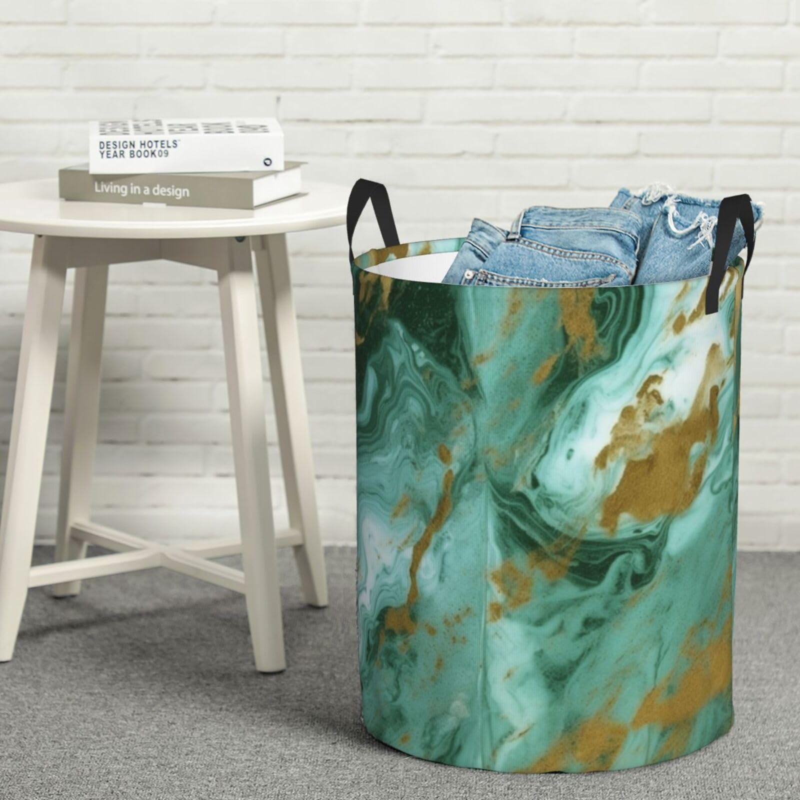 Panier à linge en marbre vert et doré M | Design chic et autonome