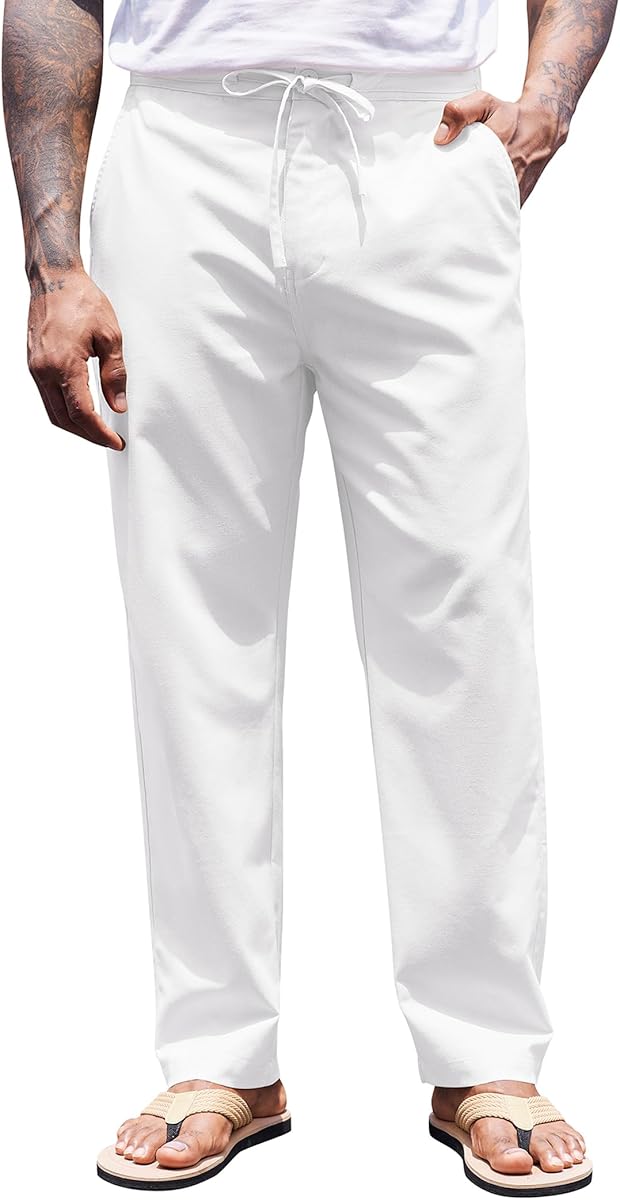 COOFANDY Men's Casual Linen Pants Lightweight Summer Beach Pants Drawstring Dress Pants with Pockets White XX-Large at Amazon Men’s Clothing store