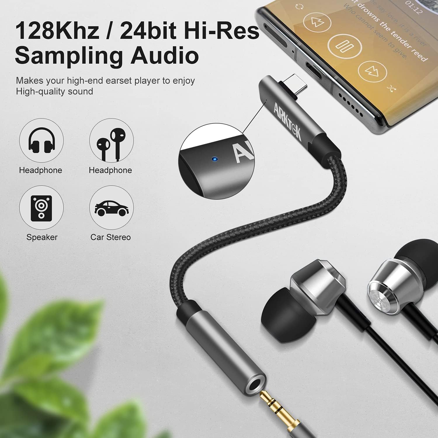 USB Type C to 3.5mm Audio Adapter - ARKTEK Braided Cord Hi-Res Cable Headphone Jack Adapter for i Pad Pro 2018 Google Pixel 4 Galaxy S20 Mate 20 Pro and More
