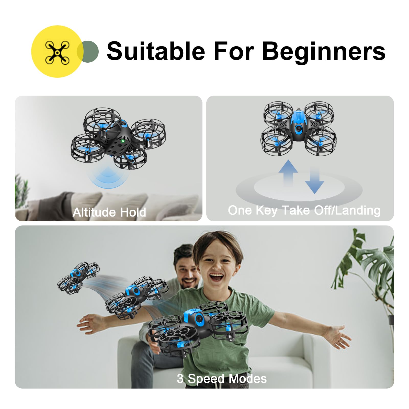 4DRC V18 Mini Dron con 2 Controlli per Bambini, Principianti, Flip 3D, Luci, Modalità Senza Testa, 3 Velocità, Planata Auto, Altitudine Fissa, 2 Batterie, Quadricottero RC, Regalo per Ragazzi