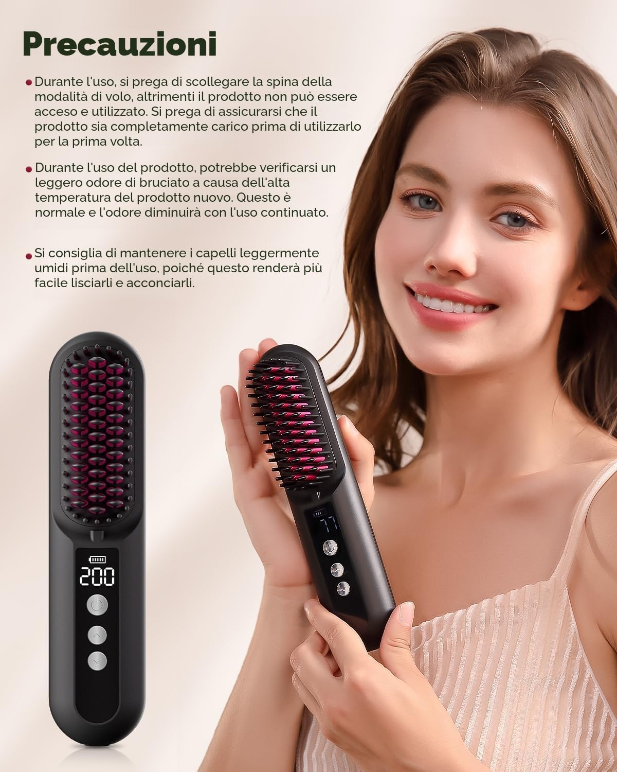 CARER SPARK Spazzola Lisciante Senza Fili 10000mAh, Tempo di Utilizzo di 80min Riscaldamento Rapido in 30s Milioni di Ioni Negativi 9 Livelli di Temperatura Design Anti-scottature e Styling Veloce