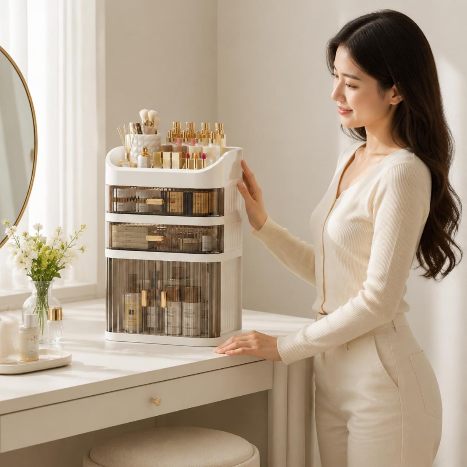 harayaa Organizador de Maquillaje Caja Almacenamiento Cosméticos Armario Tocador Cajonera Diseño Vertical Cerrado Que Espacio, Multicolor, Blanco Sucio + Amarillo Transparente